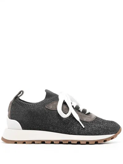 Brunello Cucinelli Sparkling Cotton Knit Runners With Shiny Eyelets In Gray
