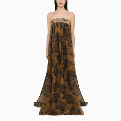 Max Mara Floral Silk Chiffon Bustier Dress In Brown