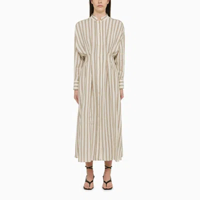Max Mara Striped Linen Canvas Long Shirt Dress In Beige,brown