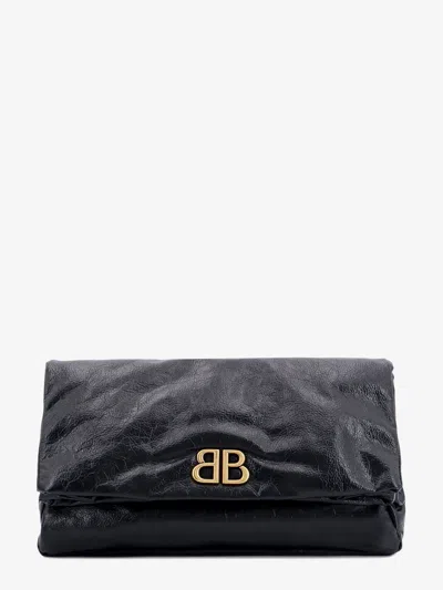 Balenciaga Monaco Fold-over Flap Leather Clutch Bag In Black