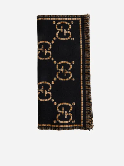 Gucci Gg Logo Wool Scarf In Black,multicolor