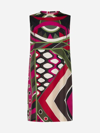 Pucci Vivara-print Silk Minidress In Kahki,fuchsia