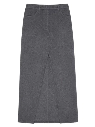 Givenchy Felted Wool Midi Skirt With Front Slit In Dark Grey