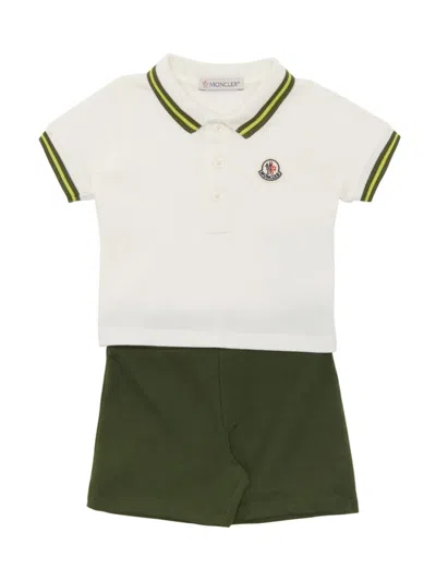 Moncler Babies' White And Green Polo Shirt And Shorts Set With Logo In Neutral