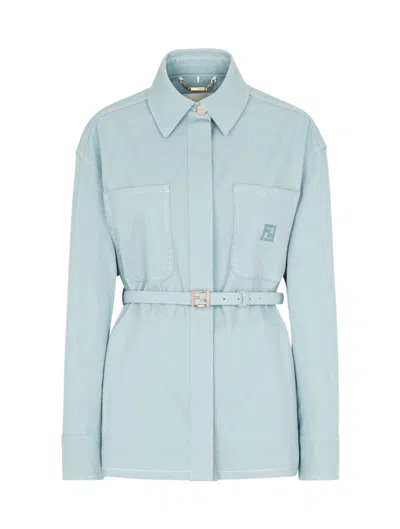 Fendi Denim Jacket With Belted Waist And Front Pockets In Blue