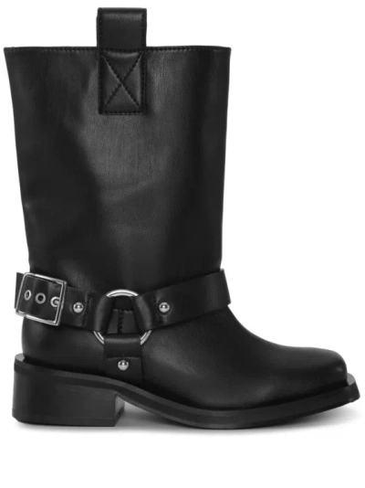 Ganni Buckle-strap Leather Biker Boots In Black