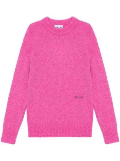 Ganni Logo-embroidered Wool-blend Jumper In Pink