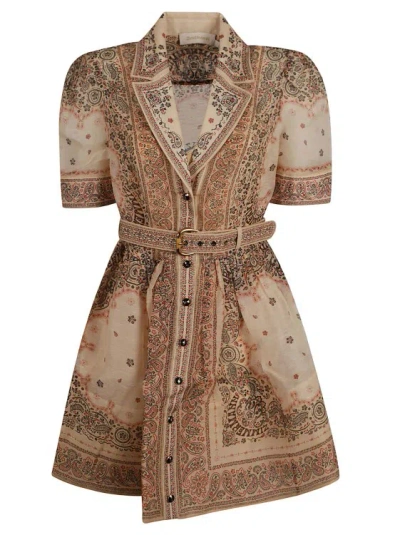 Zimmermann Matchmaker Belted Paisley-print Linen And Silk-blend Mini Dress In Brown