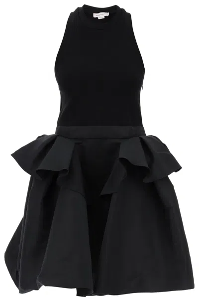 Alexander Mcqueen Knit Tank Mini Dress With Faille Peplum Skirt In Black