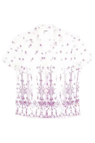 Bode Lavandula Bowling Shirt In Embroidered Tulle In White,purple