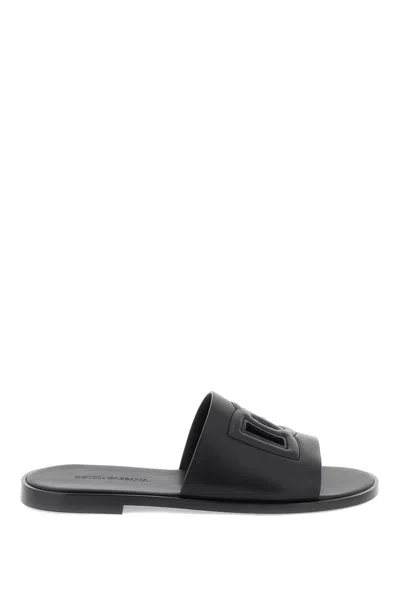 Dolce & Gabbana Leather Slides With Dg Cut-out In Black