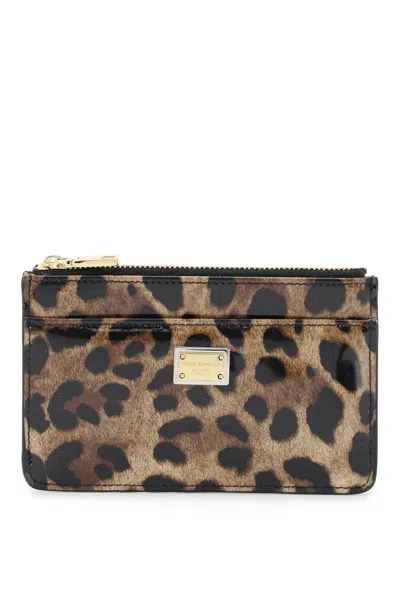 Dolce & Gabbana Large Polished Calfskin Card Holder With Zipper And Leopard Print In Mixed Colours