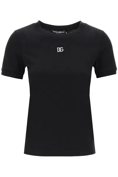 Dolce & Gabbana Cotton T-shirt With Crystal Dg Logo In Black