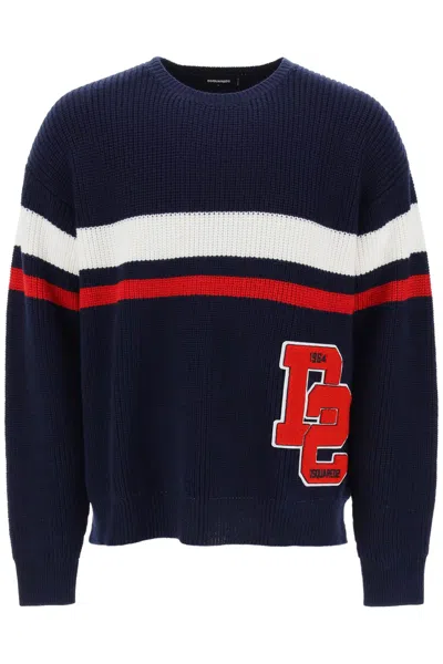 Dsquared2 Wool Ribbed Varsity Jumper In Blue