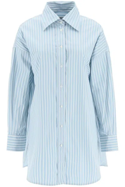 Etro Rose Cotton Popeline Striped Oversized Shirt In Light Blue