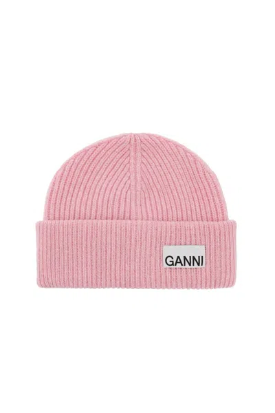 Ganni Beanie Hat With Logo Label In Pink