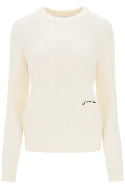Ganni Womens Egret Logo-embroidered Round-neck Alpaca-blend Jumper In White