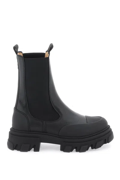 Ganni Cleated Mid Chelsea Ankle Boots In Black