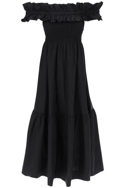 Ganni Flared Midi Dress With Off-should In Black