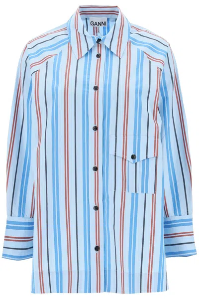 Ganni Oversized Striped Shirt In Light Blue