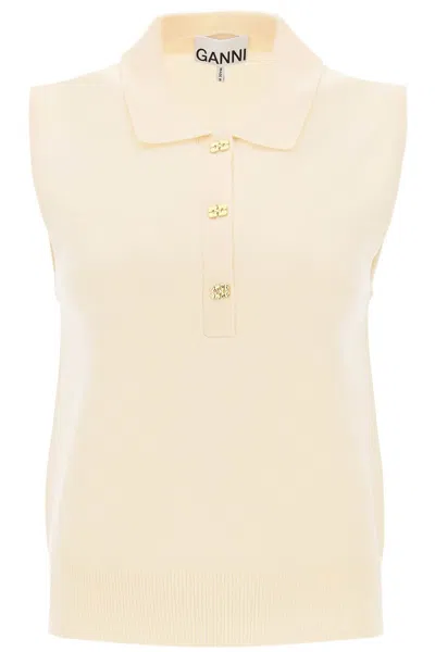 Ganni Cashmere Polo Shirt In Beige