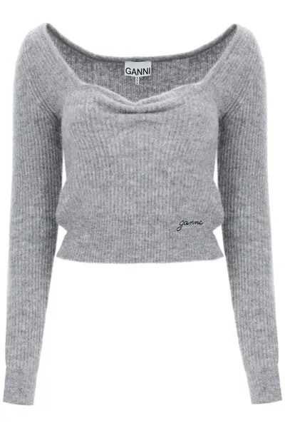 Ganni Sweater With Sweetheart Neckline In Grey