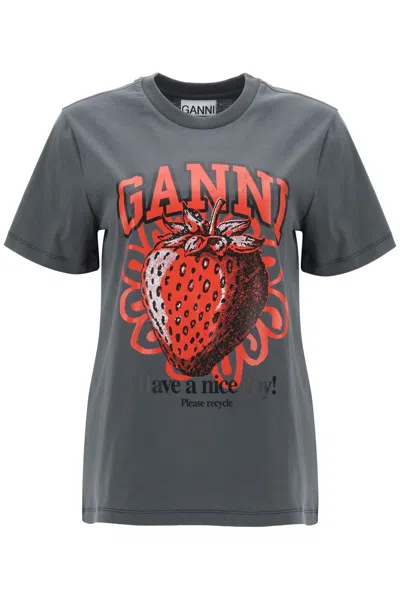 Ganni Gray Strawberry T-shirt In Grey