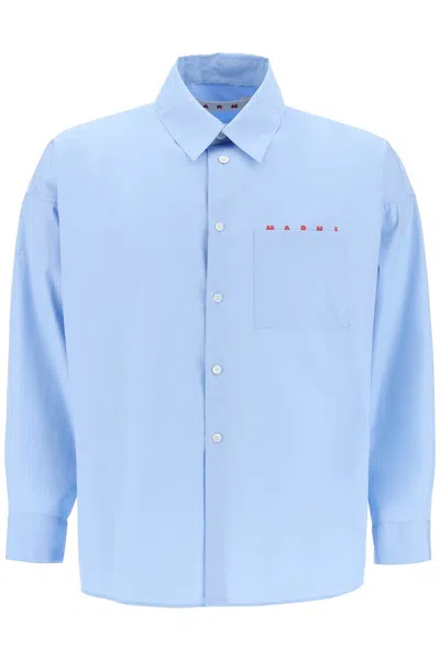 Marni Logo-print Cotton Shirt In Light Blue