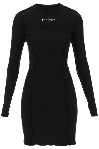 Palm Angels Long Sleeved Mini Dress In Ribbed Jersey In Black