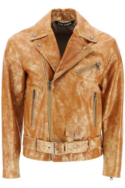 Palm Angels Laminated Leather Biker Jacket In Orange,gold