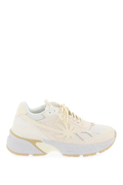 Palm Angels The Palm Runner Leather Sneakers In Beige,white