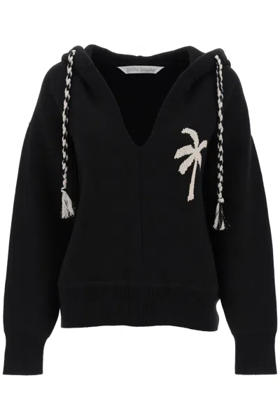 Palm Angels Logo-embroidered Knitted Hoodie In Black