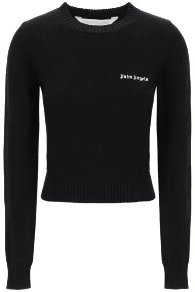 Palm Angels Pullover Cropped Con Ricamo Logo In Black