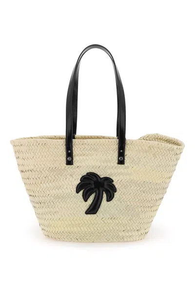 Palm Angels Straw & Patent Leather Tote Bag In Mixed Colours