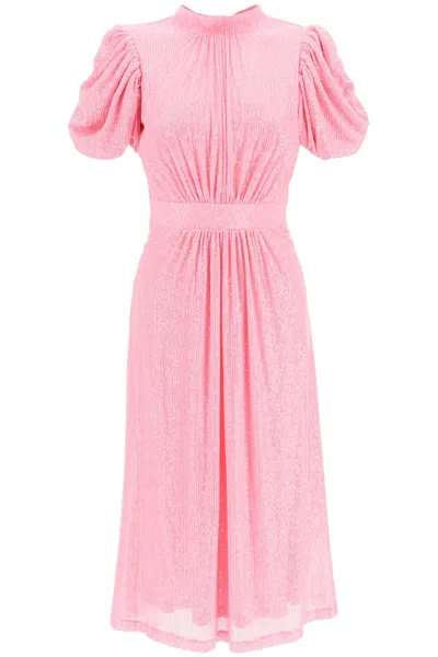 Rotate Birger Christensen Shirred Sequined Tulle Midi Dress In Pink