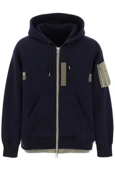 Sacai Nylon-trimmed Cotton-blend Jersey Zip-up Hoodie In Blue