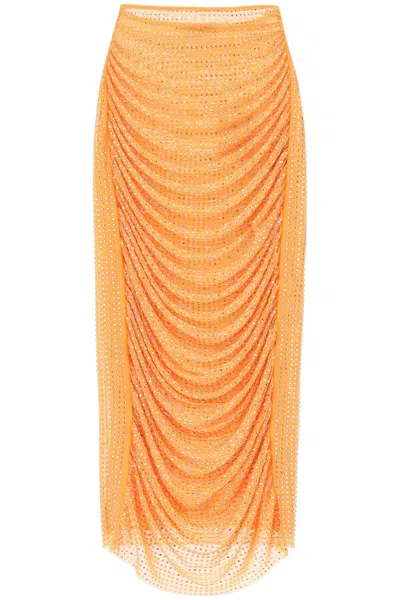 Self-portrait Self Portrait Draped Pencil Skirt With Rhinestones In Orange