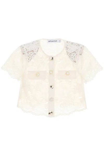 Self-portrait Floral Lace Short-sleeved Cropped Top With Diamanté Buttons For Women In Mixed Colours