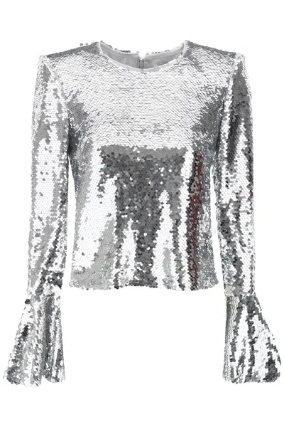 Self-portrait Sequined Top In Silver