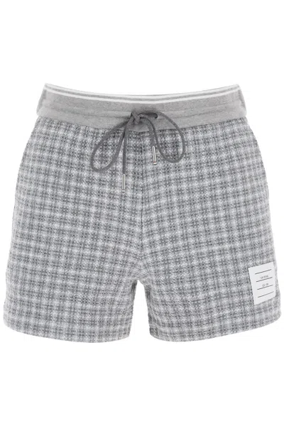 Thom Browne Checked Tweed Track Shorts In Grey