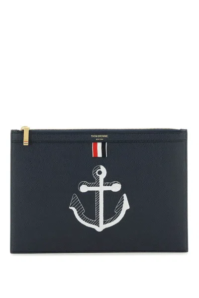 Thom Browne Grained Leather Pouch In Blue