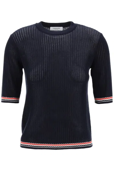 Thom Browne Blue Pointelle Knit Top With Rwb Stripe In Cotton Blend Woman