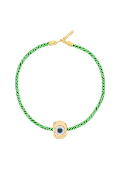 Timeless Pearly Eye Charm Cotton Wire Collar Necklace In Green