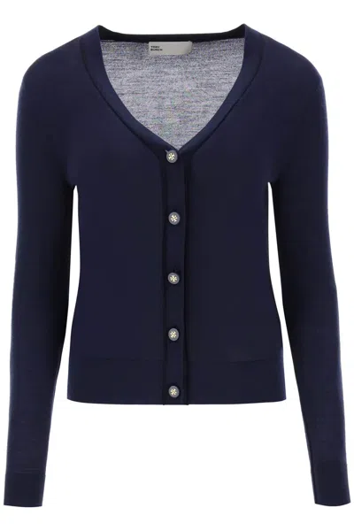 Tory Burch 'simone' Wool And Silk Cardigan In Blue