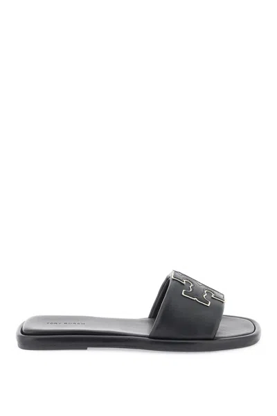 Tory Burch Double T Leather Slides In Black