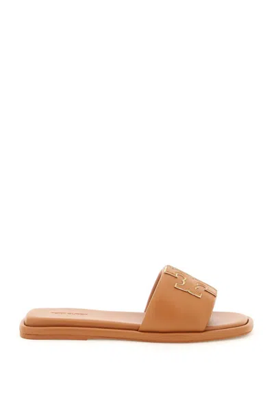 Tory Burch Double T Leather Slides In Brown