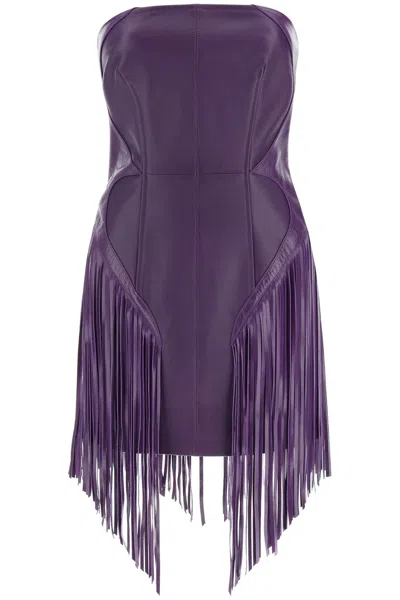Versace Leather Mini Dress With Fringed Details In Purple