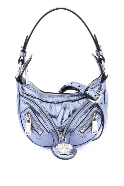 Versace Metallic Leather 'repeat' Mini Hobo Bag In Metallic,light Blue