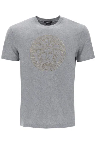 Versace Rhinestones Medusa T-shirt In Grey