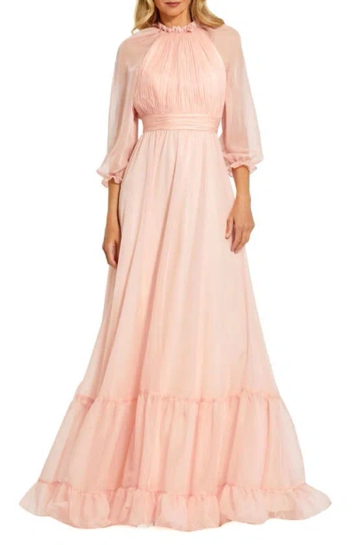 Mac Duggal Chiffon Ruched Illusion Raglan Sleeve Ruffled Gown In Blush